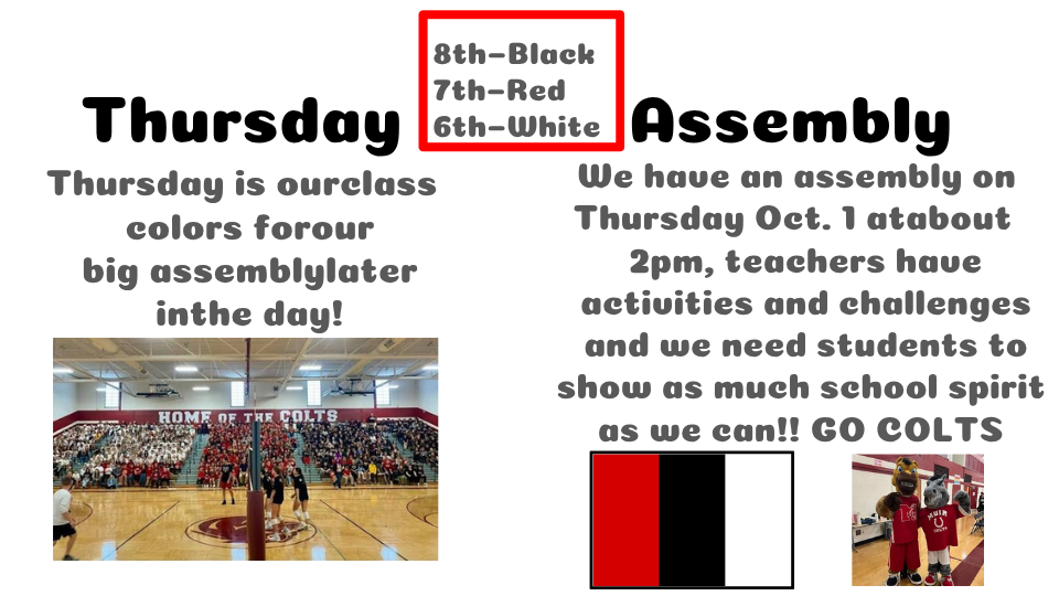 Presentation slide announcing Thursday's Class Colors theme and afternoon school assembly for Muir Middle School.