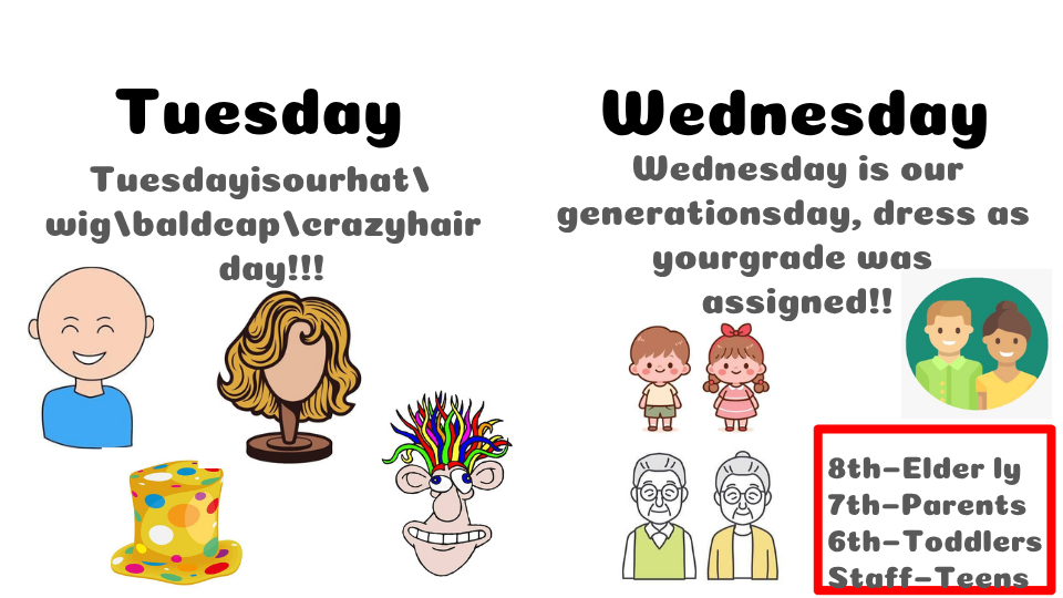 Presentation slide for Spirit Week detailing Tuesday's hat/wig/crazy hair theme and Wednesday's generations theme assignments.