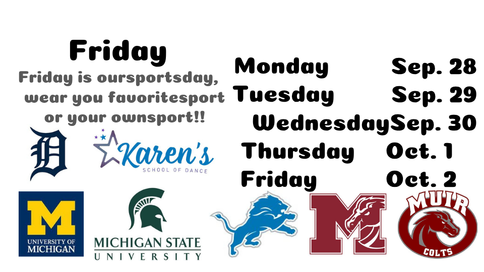 Presentation slide outlining the Spirit Week schedule from September 28 to October 2 and Friday's Sports Day theme.