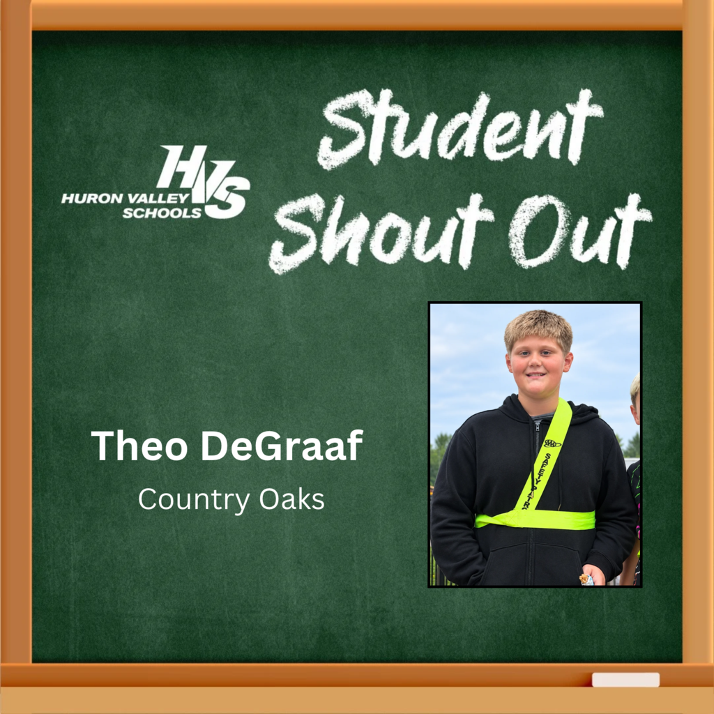 Graphic of a green school chalkboard with the photo of a boy that reads "Student Shout Out Theo DeGraaf "