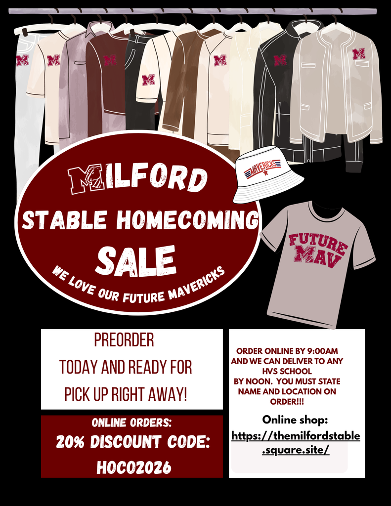 Promotional poster for the Milford Stable Homecoming Sale featuring 20% off online orders using discount code HOCO2026.