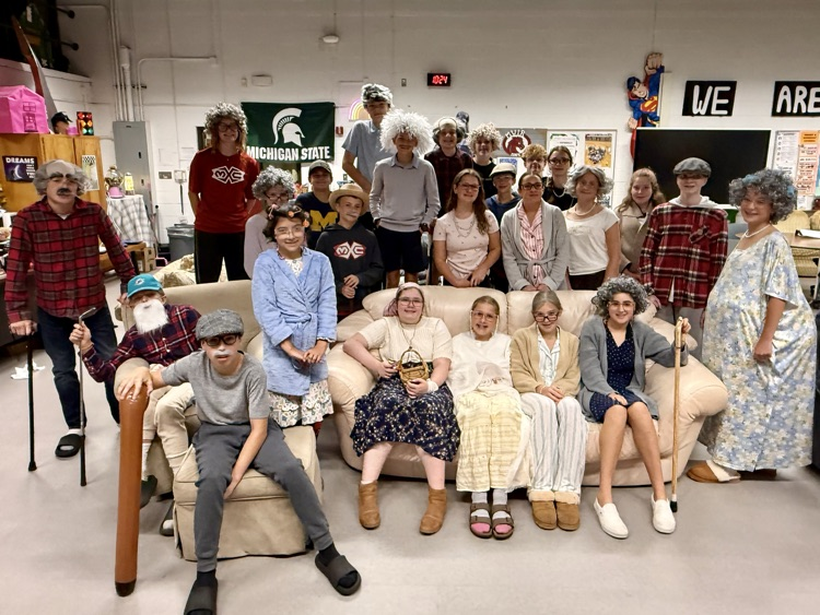 group photo of students dressed as the elderly generation