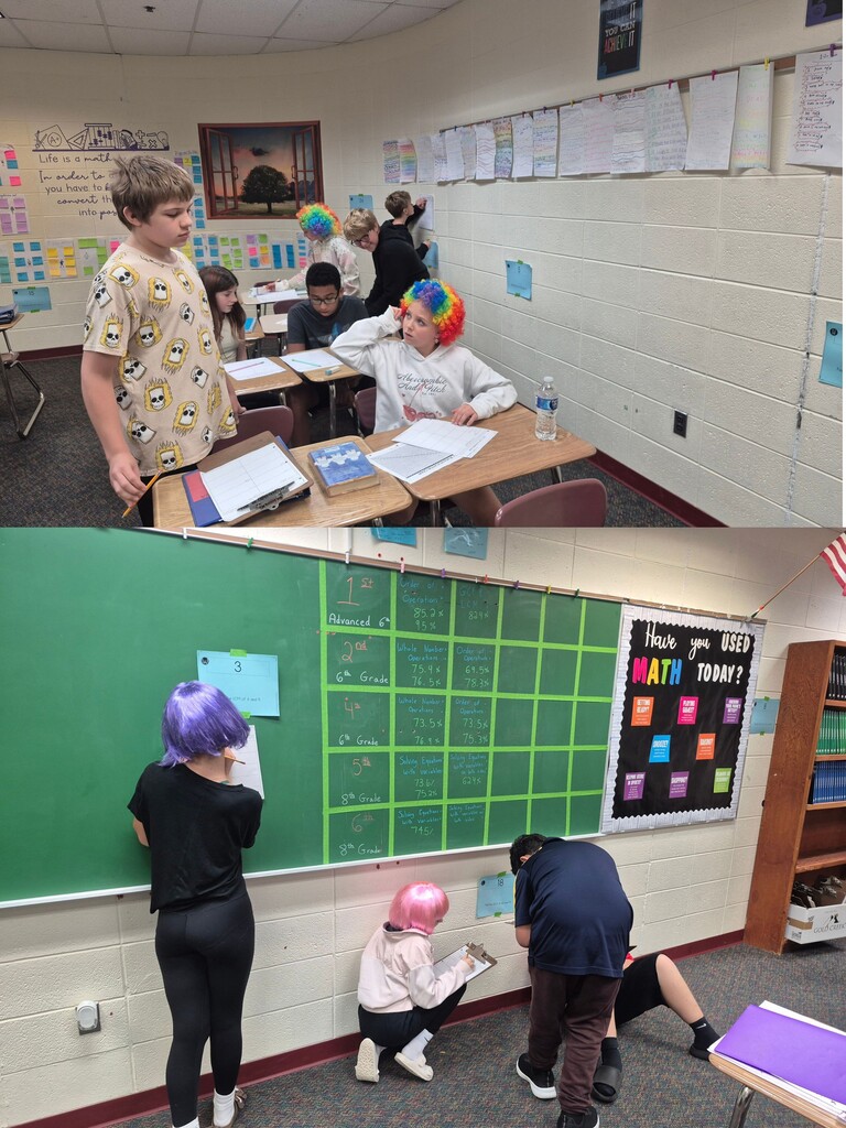 on bottom: Three students work on a math activity near a large green chalkboard displaying grade-level scores and data. on top: Students work together in a classroom, with one wearing a colorful clown wig seated at a desk while others stand and collaborate nearby.