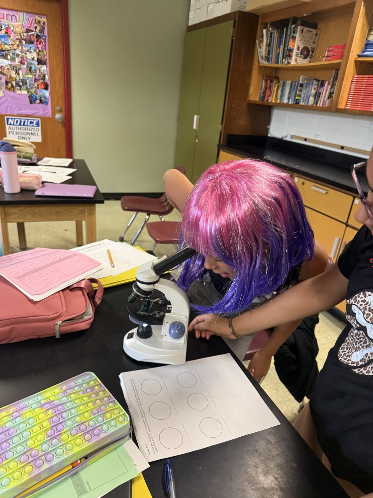 students use microscopes in wigs