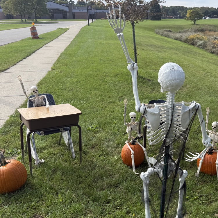 skeletons set up in grass out front of a