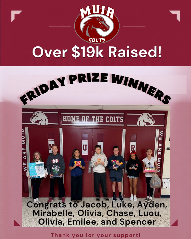 Friday prize winner poster with 7 student winners with their prizes, along with fundraising totals of over 19k.