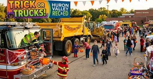 Photo of several trucks decorated for halloween with kids walking around in costumes getting candy, etc