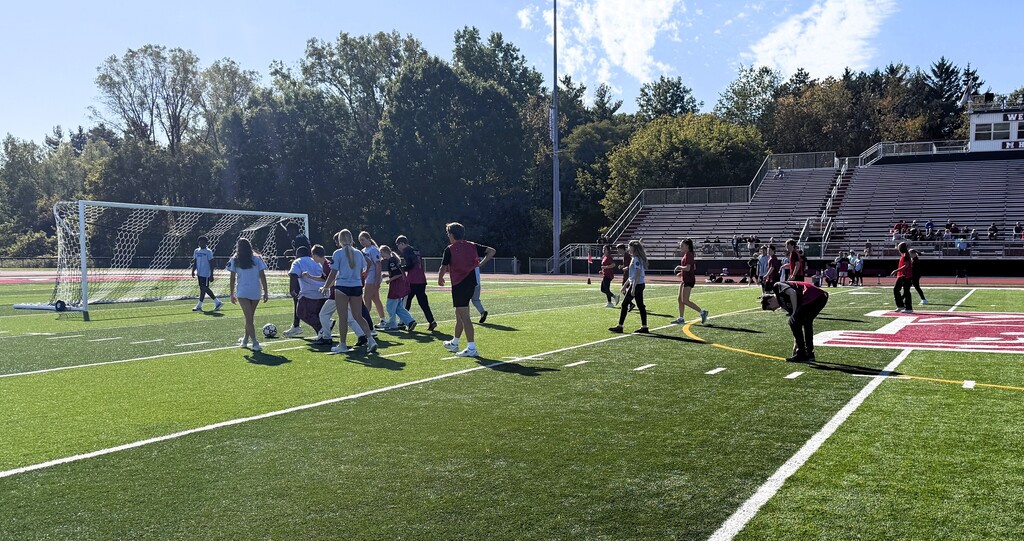 Several soccer players maneuvering for a ball on a field