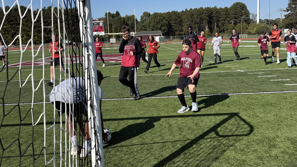 Several soccer players maneuvering for a ball on a field near the goal