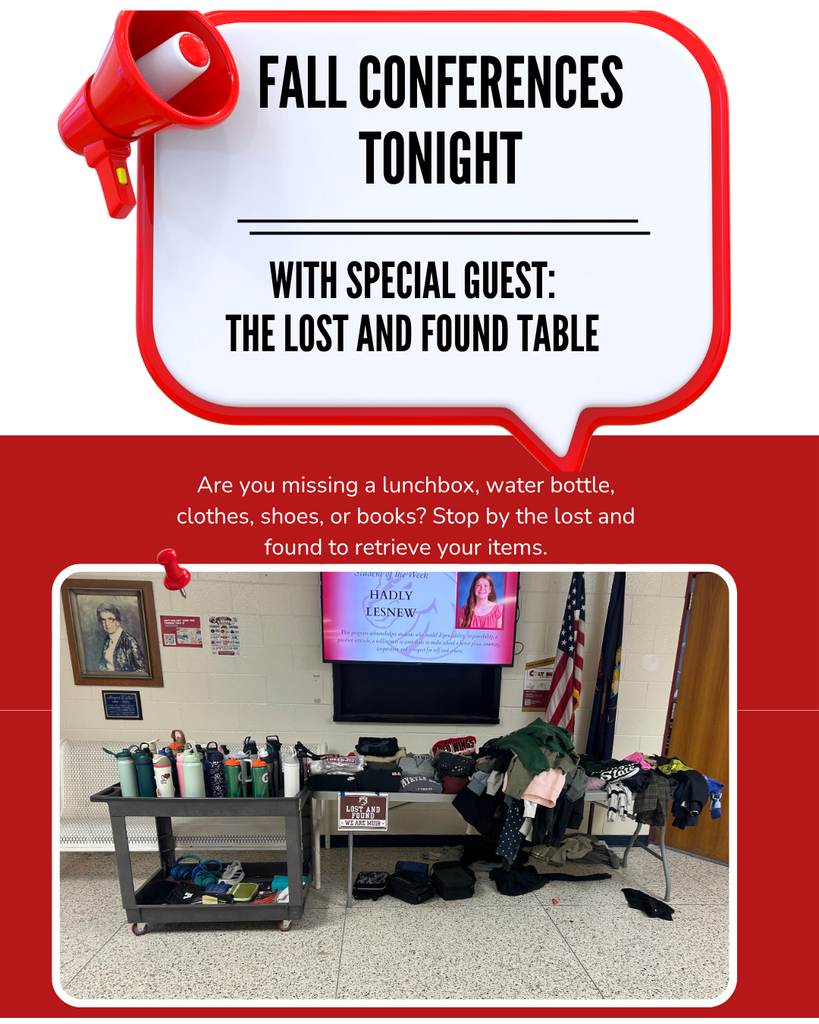 Promotional flyer for Fall Conferences encouraging parents and students to visit the school lost and found table to retrieve missing items.
