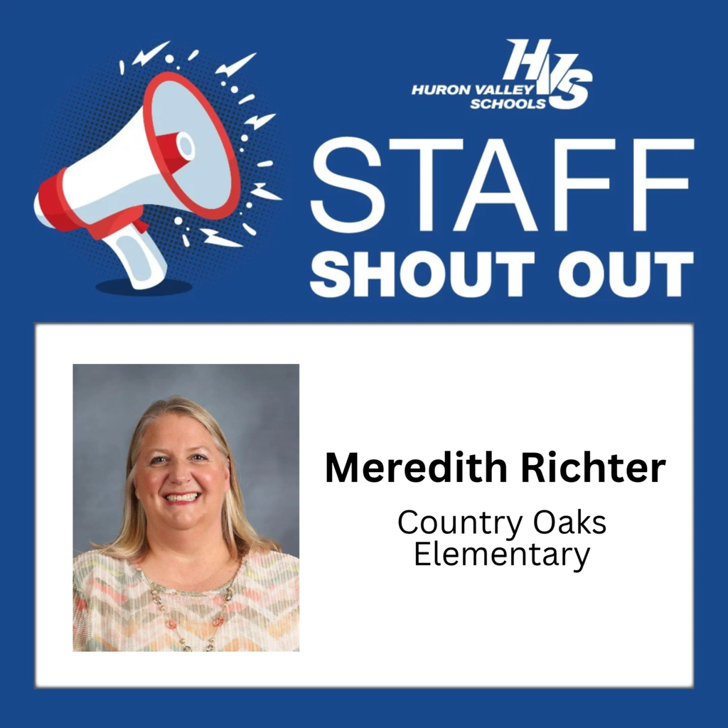 Photo of woman on a graphic with a bullhorn that reads "Meredith Richter Country Oaks Elementary"