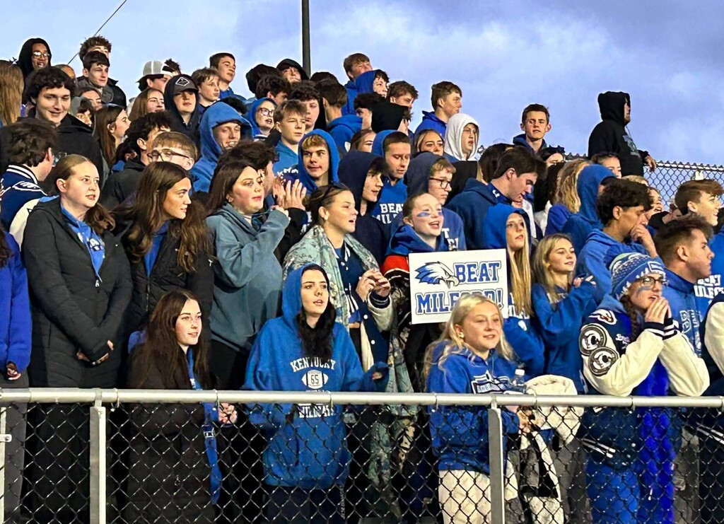 Teen fans in the bleachers standing wearing blue