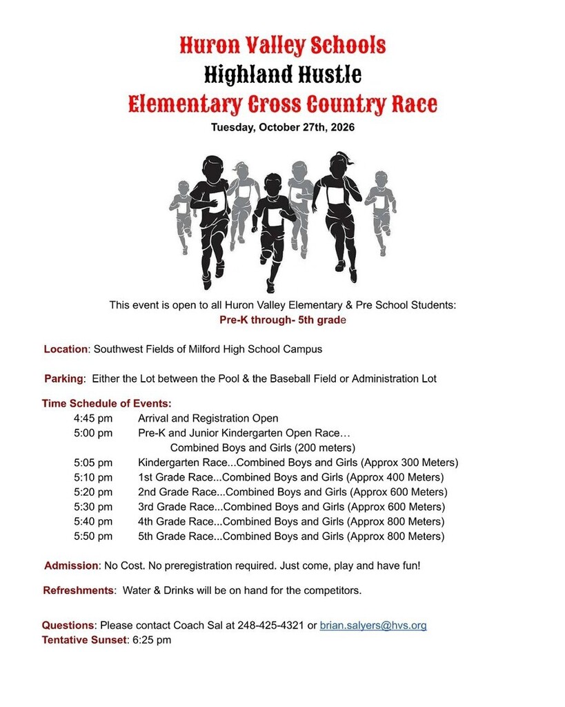 Flyer for Huron Valley Schools’ Highland Hustle Elementary Cross Country Race on October 27, 2026.