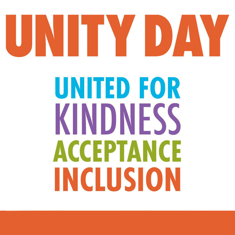 Graphic that reads "unity day. united for kindness acceptance and inclusion"