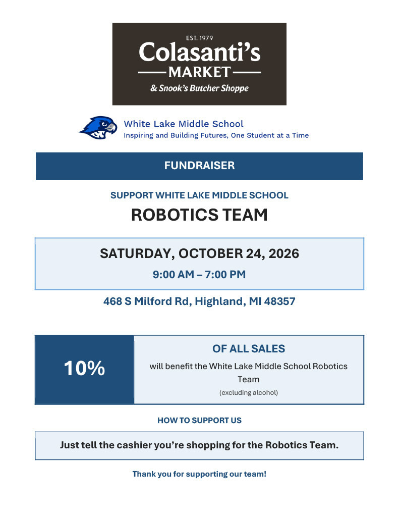 Robotics fundraiser at Colasanti's this Saturday from 9:00 am - 7:00 pm. 10% of proceeds go to our Robotics Team. Mention our Robotics Team to the cashier at checkout.