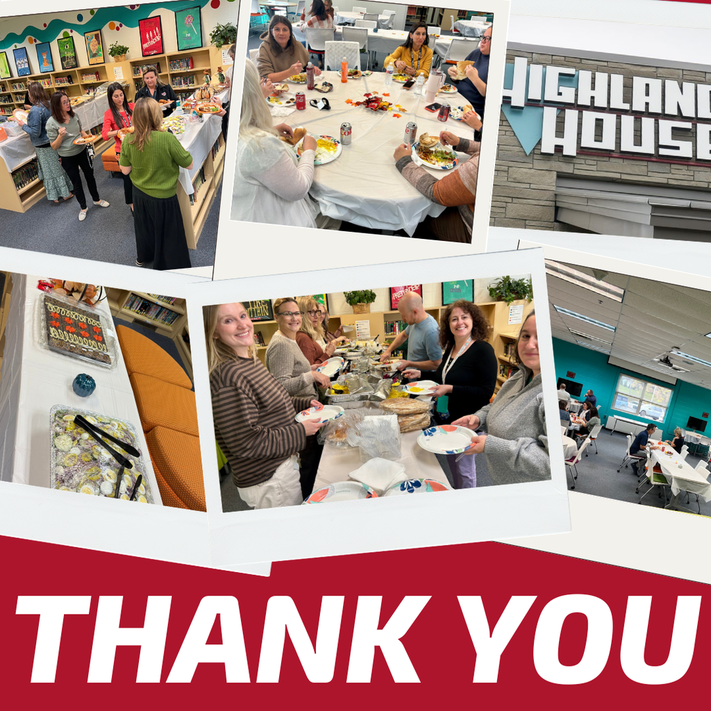 A collage of six smaller photos and one building sign logo on a light background, celebrating a catered event, with a large red banner and bold white text at the bottom. The photos, in polaroid-style frames, show diverse adult staff members happily gathering in a library setting for a catered buffet lunch. They are lining up for food at a long table, close-ups of dessert items like key lime dessert squares and cupcakes with leaf icing are shown, and groups of people are seated and eating at round and long tables. Smiling faces and people enjoying themselves are visible throughout the luncheon scenes. One photo is of the "HIGHLAND HOUSE" building sign. The banner text at the bottom clearly states "THANK YOU" in large font.