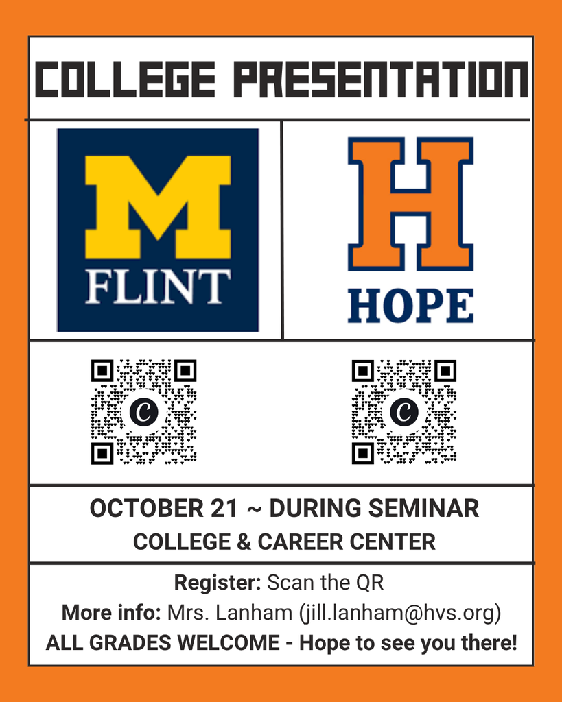 Reminder! UM Flint and Hope College will be in the Career Center TODAY during seminar. Please scan the QR code and sign up in advance or email Mrs. Lanham.
