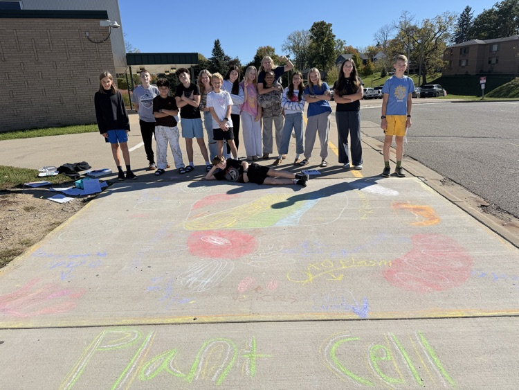 students stand near their chalk drawing outside Muir