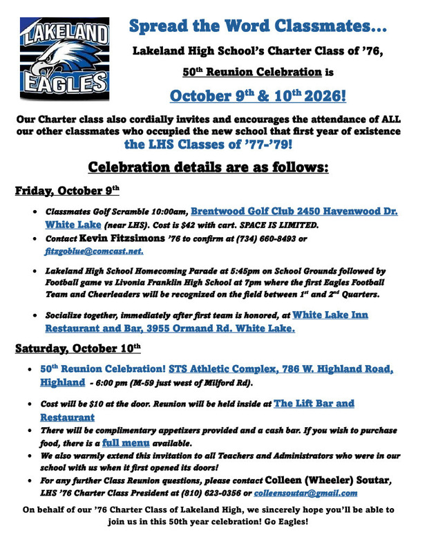 GRAPHIC about reunion that reads "The Lakeland High School Charter Class of 1976 is preparing to celebrate a milestone this fall as alumni gather for their 50th class reunion on October 9-10, 2026..."