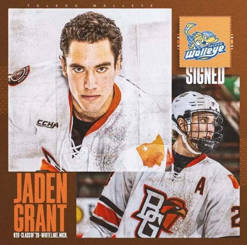 two photos of jaden grant in hockey uniform with his name written on graphic