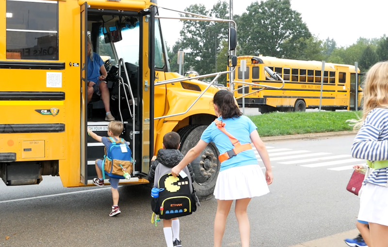 photo of girl leading young boys near the curb by school busses