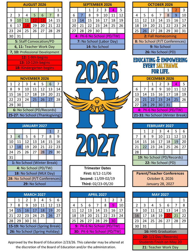 USD 308  ACademic Calendar for 2026-2027