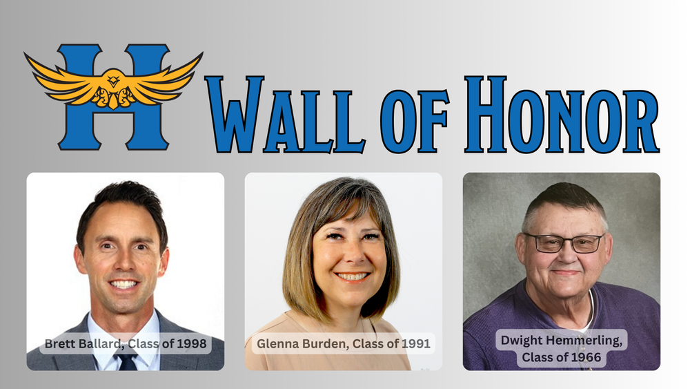 wall of honor. Brett Ballard, Class of 1998; Glenna Burden, Class of 1991; Dwight Hemmerling, Class of 1966