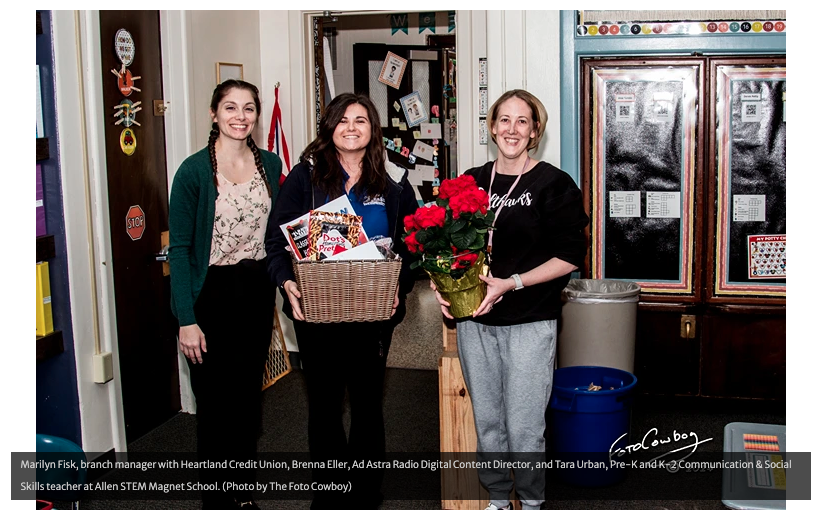 Marilyn Fisk, branch manager with Heartland Credit Union, Brenna Eller, Ad Astra Radio Digital Content Director, and Tara Urban, Pre-K and K-2 Communication & Social Skills teacher at Allen STEM Magnet School. (Photo by The Foto Cowboy)