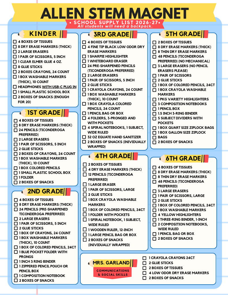Allen STEM Magnet School Supplies - English