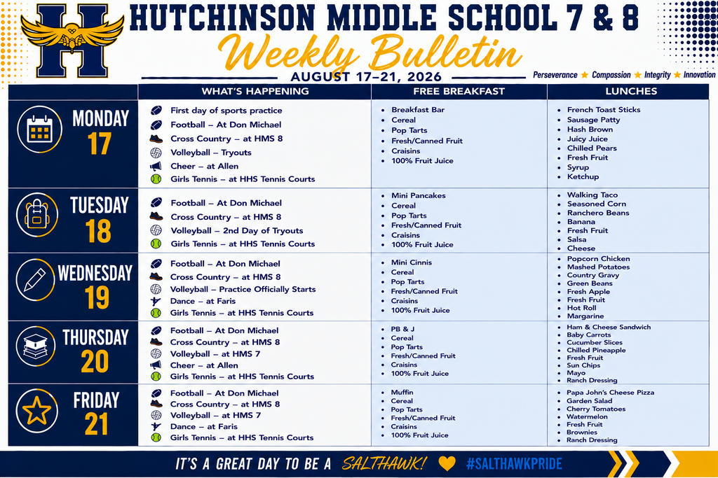 A weekly bulletin for Hutchinson Middle School 7 & 8 covering August 17–21, 2026. The bulletin lists daily sports practices and events, including football, cross country, volleyball, cheer, girls tennis, and dance. It also includes daily free breakfast and lunch menus. The graphic uses navy, white, and gold school colors, with the Hutchinson Middle School logo at the top and the slogan “It’s a Great Day to Be a Salthawk!” along the bottom.