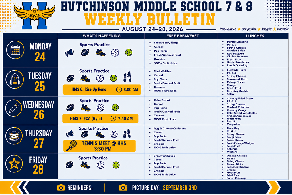 Alt text: Weekly Bulletin for Hutchinson Middle School 7 & 8 for August 24–28, 2026. The bulletin lists daily sports practices, breakfast and lunch menus, and special events. Tuesday features HMS 8 Rise Up Reno at 8:00 AM, Wednesday features HMS 7 FCA in the gym at 7:50 AM, and Thursday features a Tennis Meet at HHS at 3:30 PM. A reminder at the bottom highlights Picture Day on September 3. The bulletin uses navy, gold, and white school colors with the HMS hawk logo and sports icons.