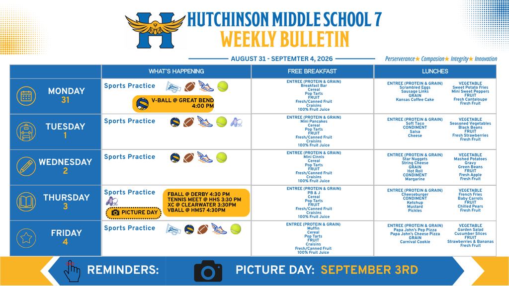 Weekly Bulletin for Hutchinson Middle School 7 covering August 31–September 4, 2026. The bulletin includes daily sports practices, breakfast and lunch menus, and upcoming activities. Monday features a volleyball game at Great Bend at 4:00 PM. Thursday includes football at Derby at 4:30 PM, tennis meet at HHS at 3:30 PM, cross country at Clearwater at 3:30 PM, and volleyball at HMS 7 at 4:30 PM. Thursday is also marked as Picture Day. The bottom reminder highlights Picture Day on September 3. The bulletin uses blue, gold, and white school colors with the Hutchinson Middle School 7 hawk logo and the values Perseverance, Compassion, Integrity, and Innovation.