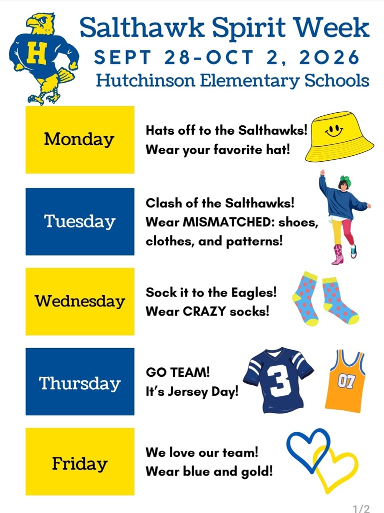 A poster for Salthawk Spirit Week, Sept. 28-Oct. 2, 2026. Daily themes: hats, clash, crazy socks, jersey day, and blue and gold.