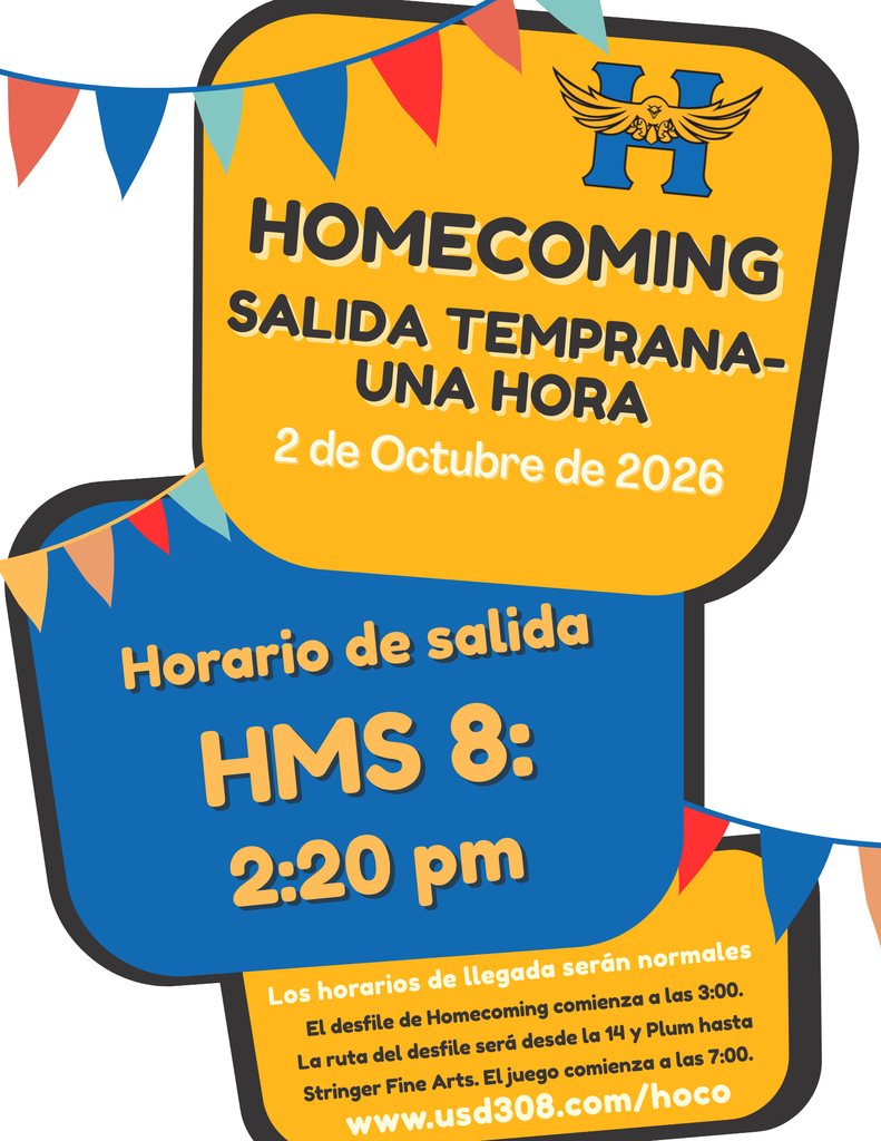 A homecoming event flyer displays details in Spanish. It includes a date, time, and website. Bunting flags are on the top.