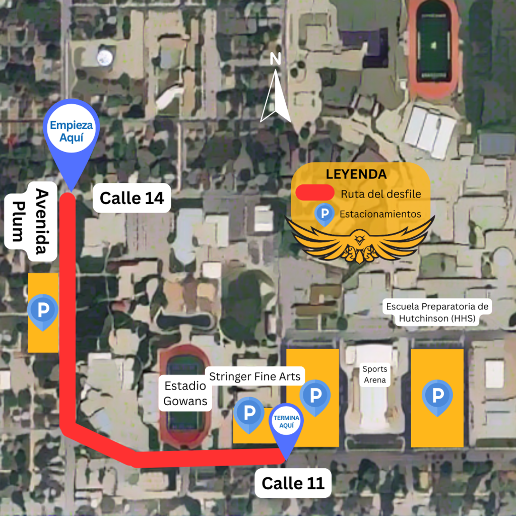 Map shows Calle 14 and Calle 11. Buildings, sports arena, and schools are marked. Legend includes a route for water stations.