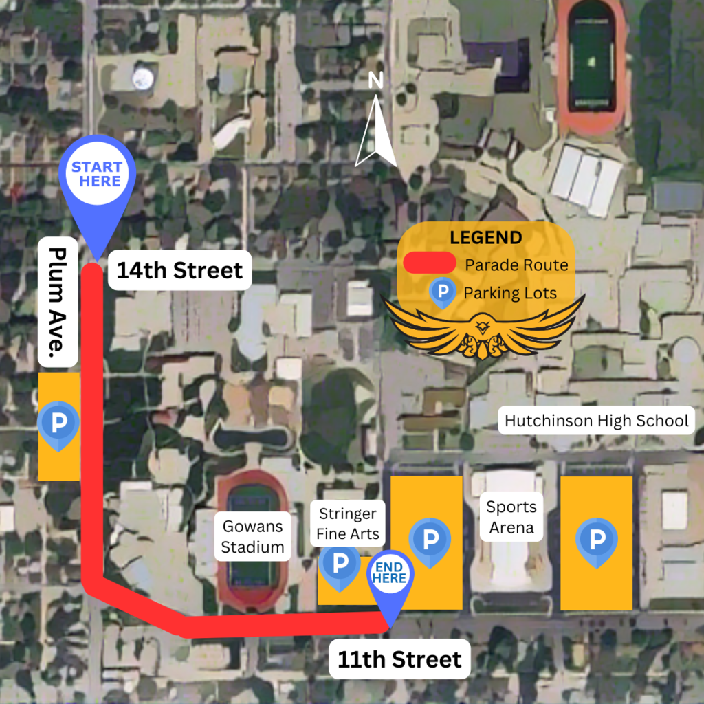 Map showing parade route with key locations marked and labeled. Routes marked in red.