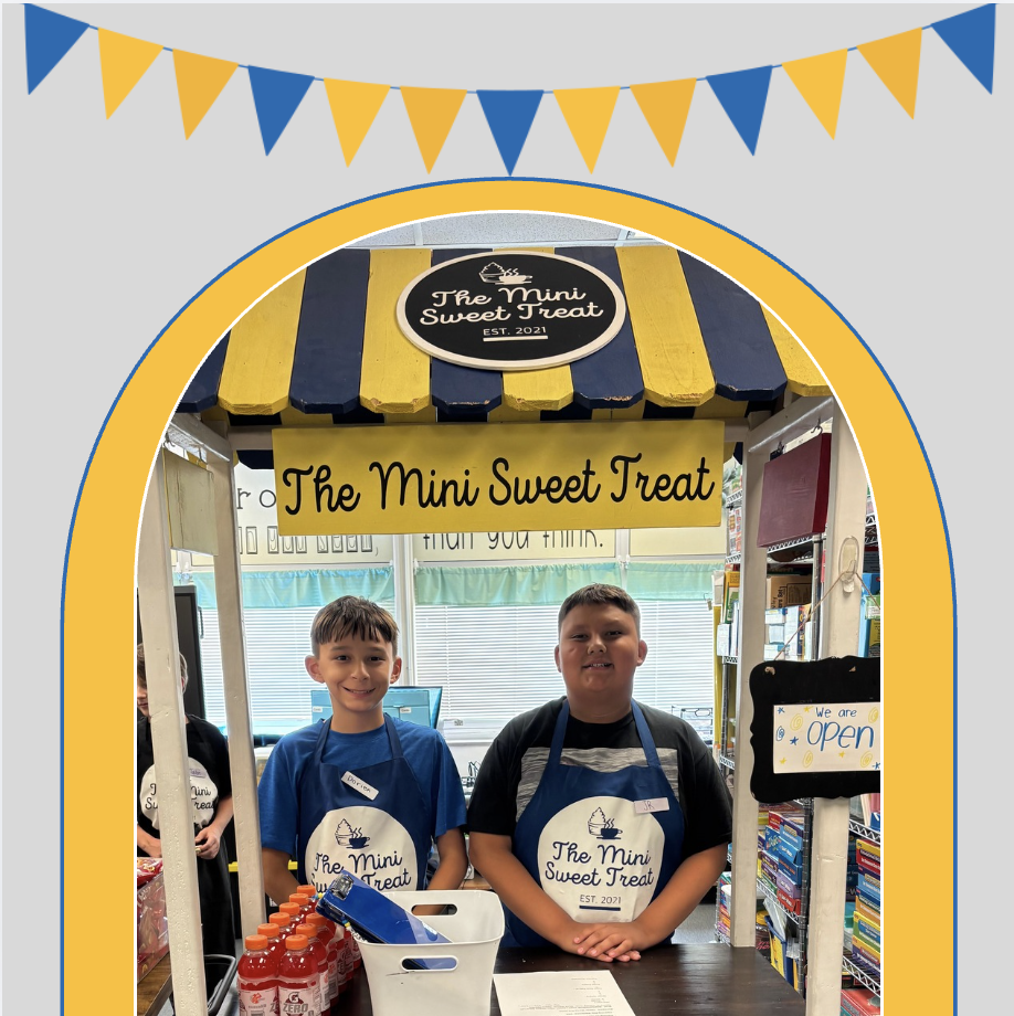 Two boys stand behind a counter with a sign reading "The Mini Sweet Treat". They wear aprons.