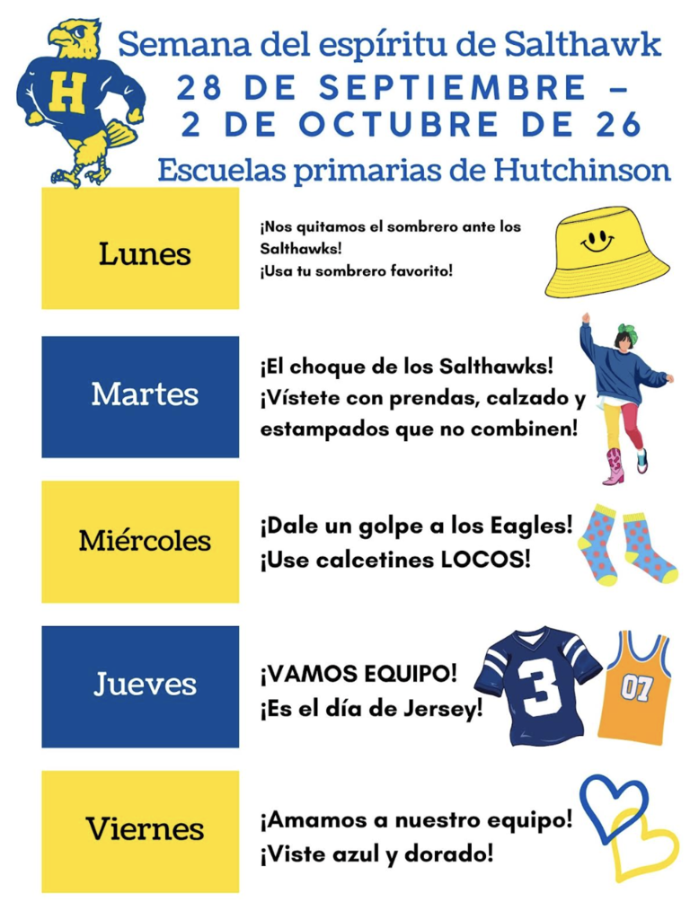 A poster with a blue and yellow color scheme. It lists themes for each day from Monday to Friday.