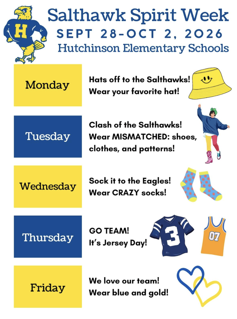 Blue and yellow themed days, labeled Monday to Friday. Each day has a theme, such as hat day, jersey day, and crazy sock day.