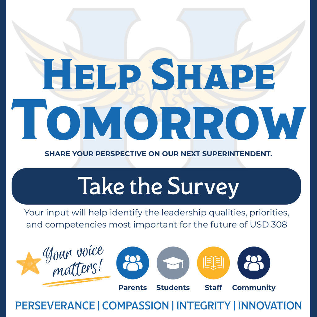 Advertisement poster with "HELP SHAPE TOMORROW" headline, followed by "Take the Survey". Icons for parents, students, staff, and community.