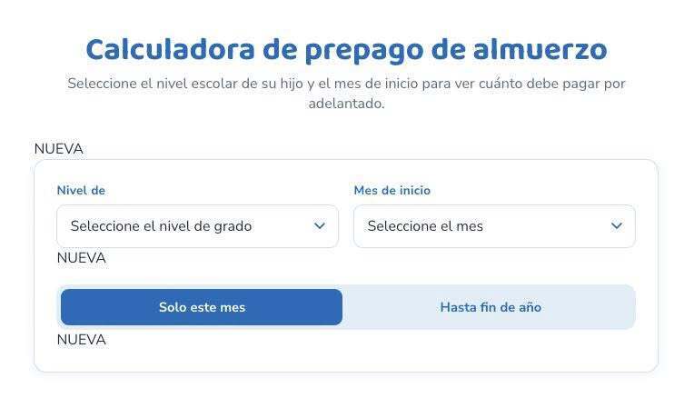 Blue "Nueva" button with white text for selecting a new option. Blue "Seleccionar" button with white text.