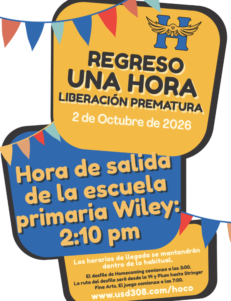 Bright yellow and blue poster announcing "Regreso Una Hora" event. Details include date, time, and school release time. Background shows flags and a logo.