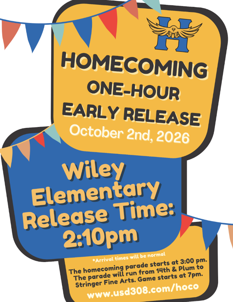 Bright orange banner with blue accents advertises Wiley Elementary's homecoming event on October 2, 2026. It says "Homecoming One-Hour Early Release" and "Release Time: 2:10pm".