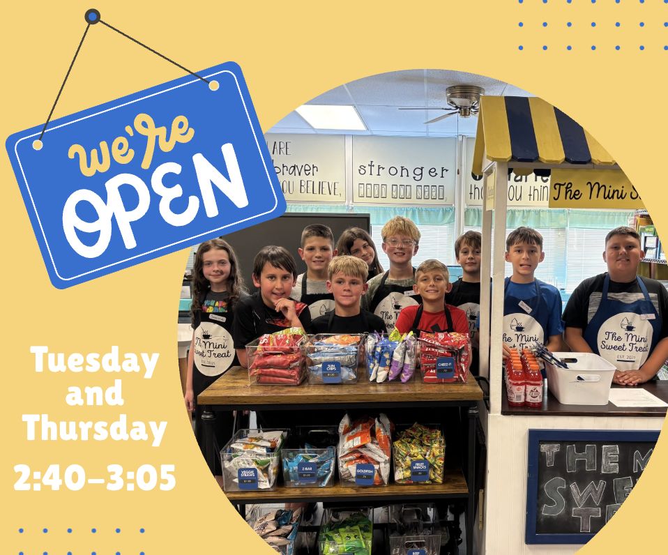 A yellow background displays a sign "We're OPEN" with a group of kids and adults at a table.