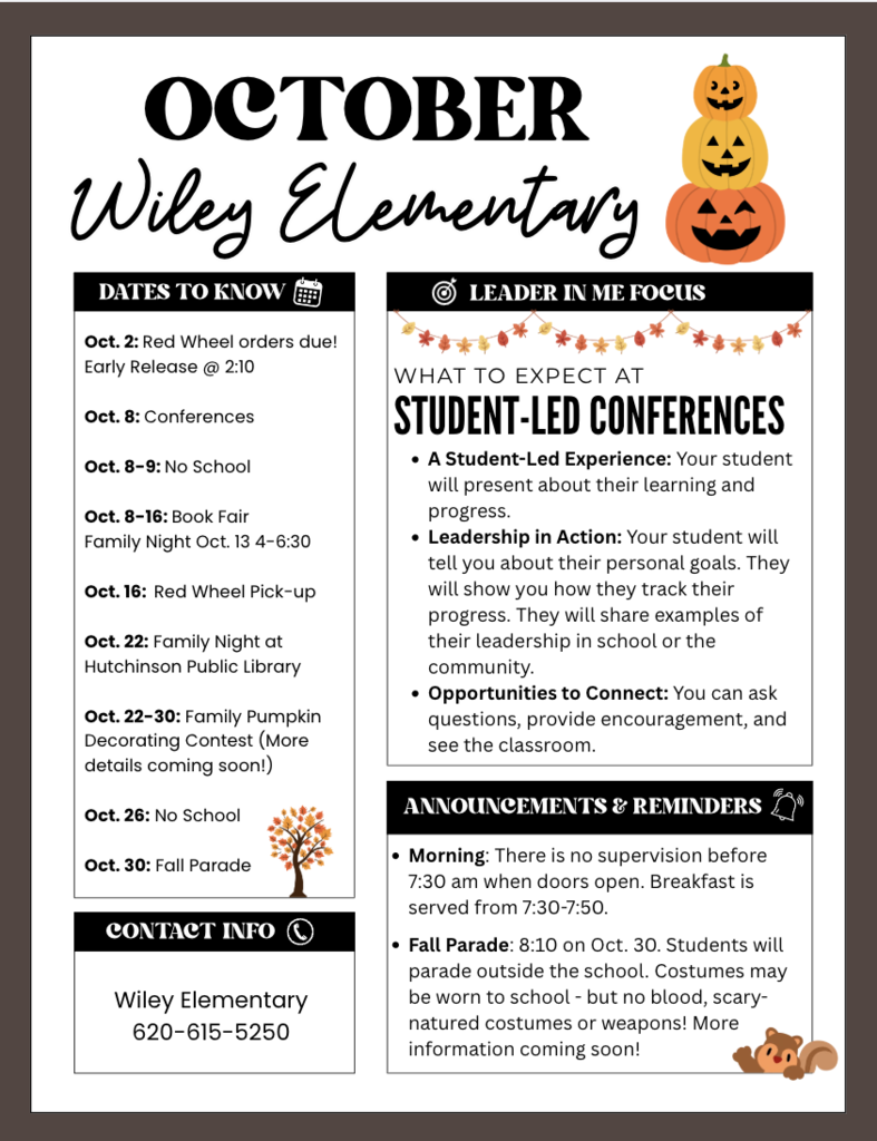 A flyer for Wiley Elementary school in October. It includes dates, events, and information about student-led conferences.