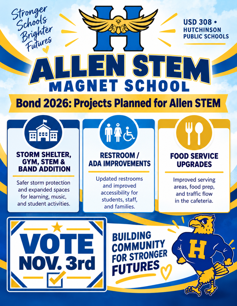 A poster announces the Allen Stem Magnet School Bond 2026 projects. It includes a storm shelter, gym and band addition, restroom upgrades, and food service updates.