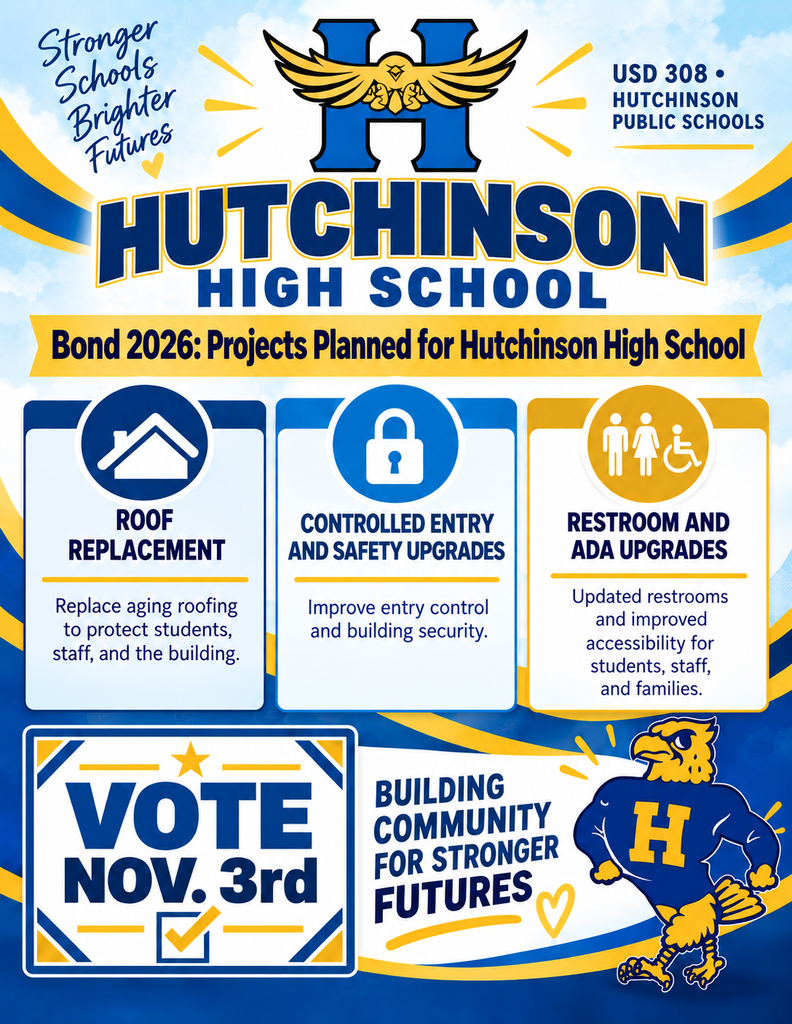 An advertisement poster for the Hutchinson High School bond 2026. It includes roof replacement, controlled entry and safety upgrades, and restroom and ADA upgrades.