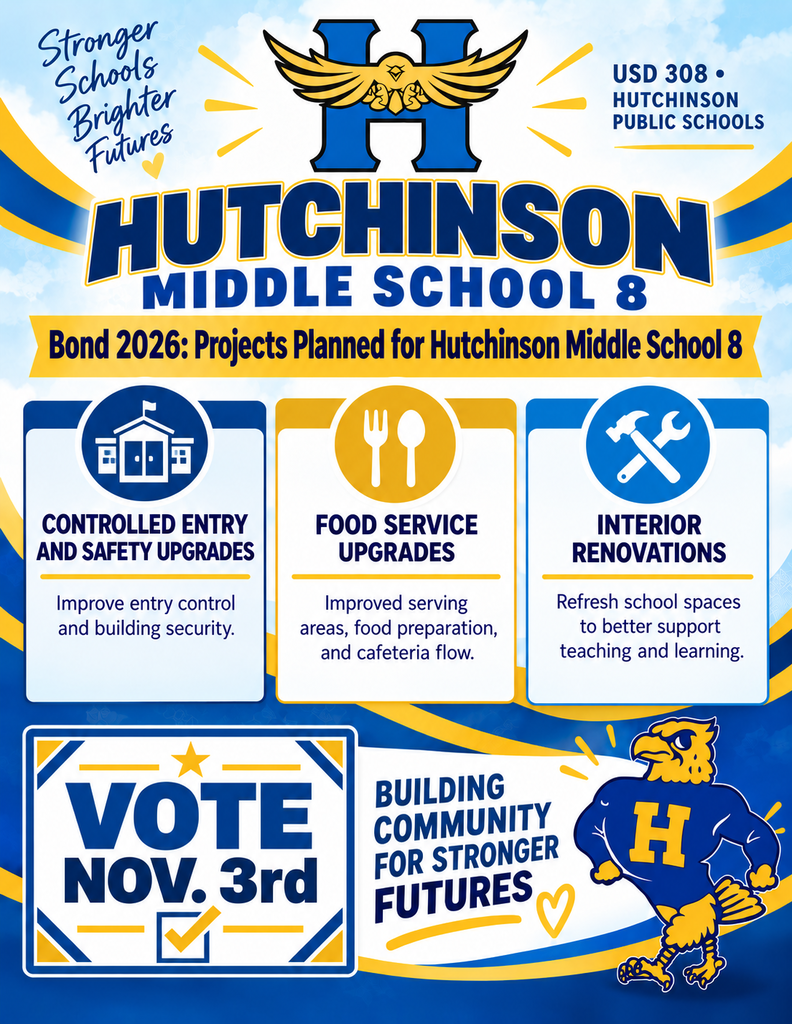 Poster shows bond projects for Hutchinson Middle School 8. Sections detail entry upgrades, food service, renovations, and voting date.