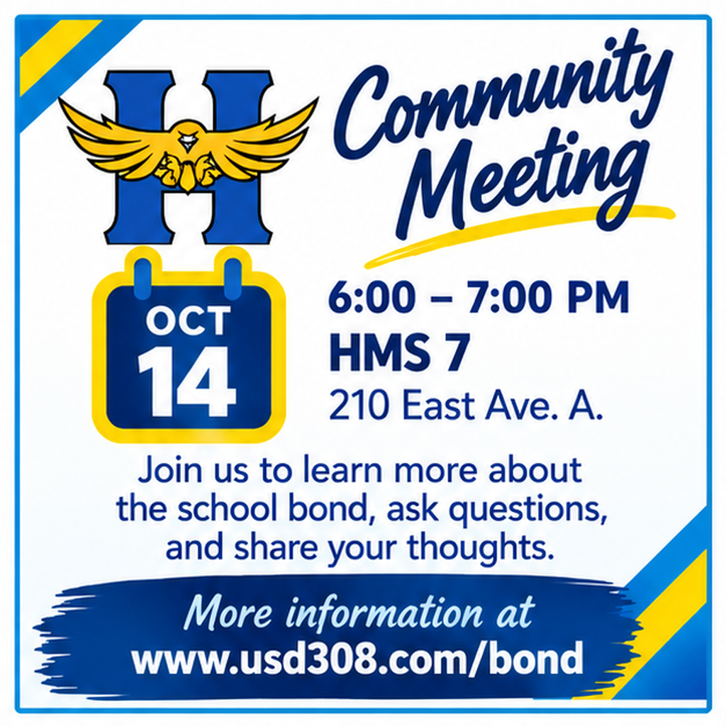 Blue and yellow flyer with "Community Meeting" text. Date: Oct 14, time: 6:00-7:00 PM. Location: HMS 7, 210 East Ave. A.