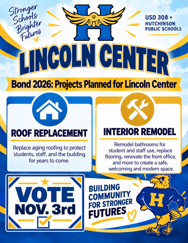Poster with blue and yellow background promoting a vote on November 3rd for Lincoln Center. It shows roof replacement, interior remodel, and building community for stronger futures.